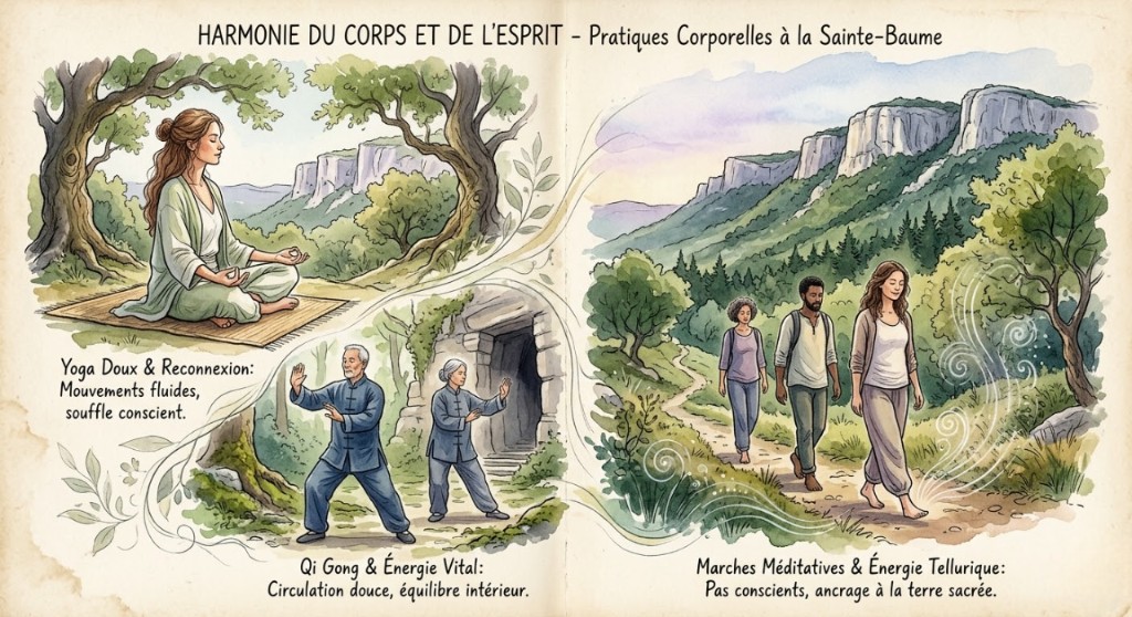 Illustration aquarelle : yoga doux, qi gong en forêt et marche méditative à la Sainte-Baume.